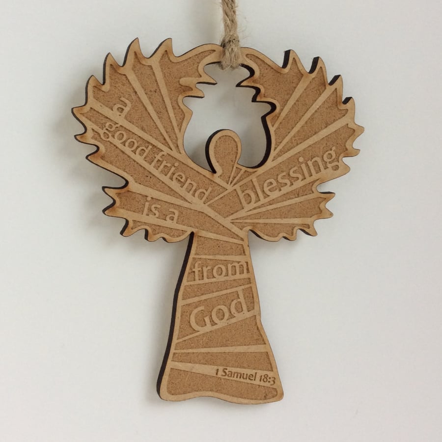Etched wooden angel - a good friend is a blessing from God