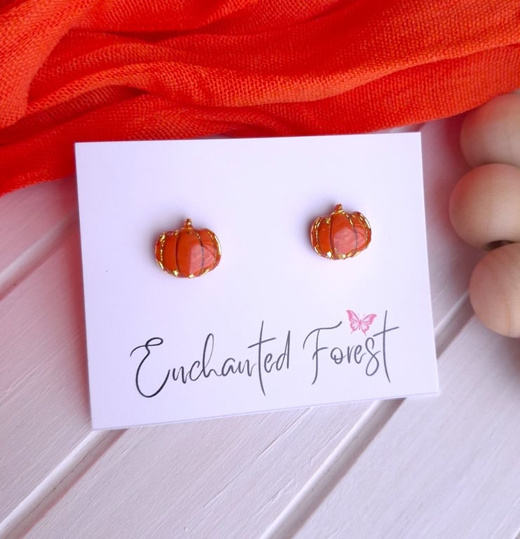 Mini Golden Flake Pumpkin Stud Earrings, Autumn Jewellery, Acessories & Gifts