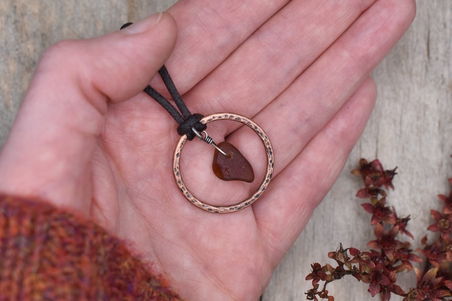 Amber Sea Glass and Copper Adjustable Waxed Cotton Cord Necklace