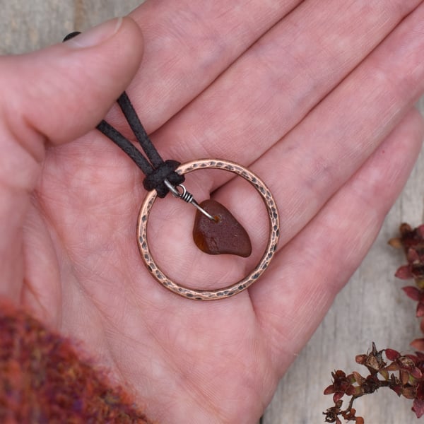 Amber Sea Glass and Copper Adjustable Waxed Cotton Cord Necklace