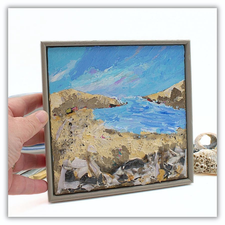 A small mixed media painting - framed - Scottish coast - coastal landscape
