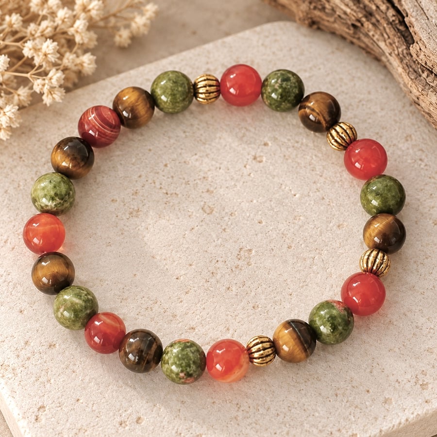 Autumn Ember – Unakite, Agate & Tiger's Eye Bracelet