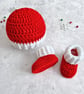 Newborn Crochet Christmas Baby Cardigan, Hat & Bootie Set - Red & White - Image 2