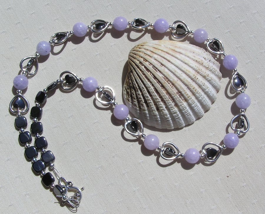 Blue Angelite & Black Hematite Heart Gemstone Silver Heart Beaded Necklace