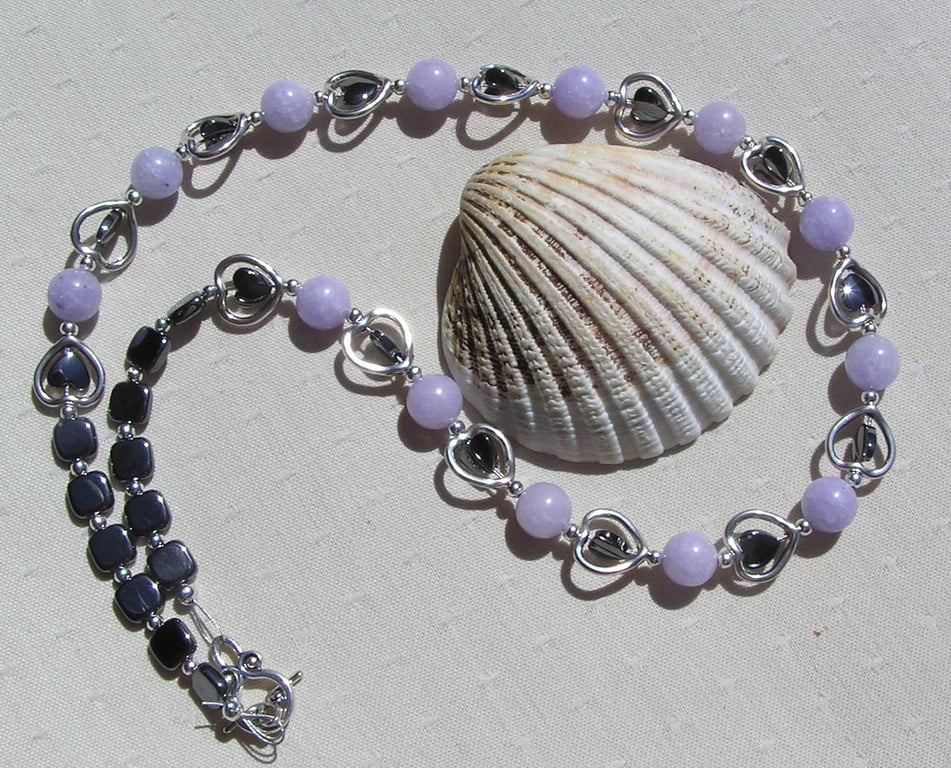 Blue Angelite & Black Hematite Heart Gemstone Silver Heart Beaded Necklace