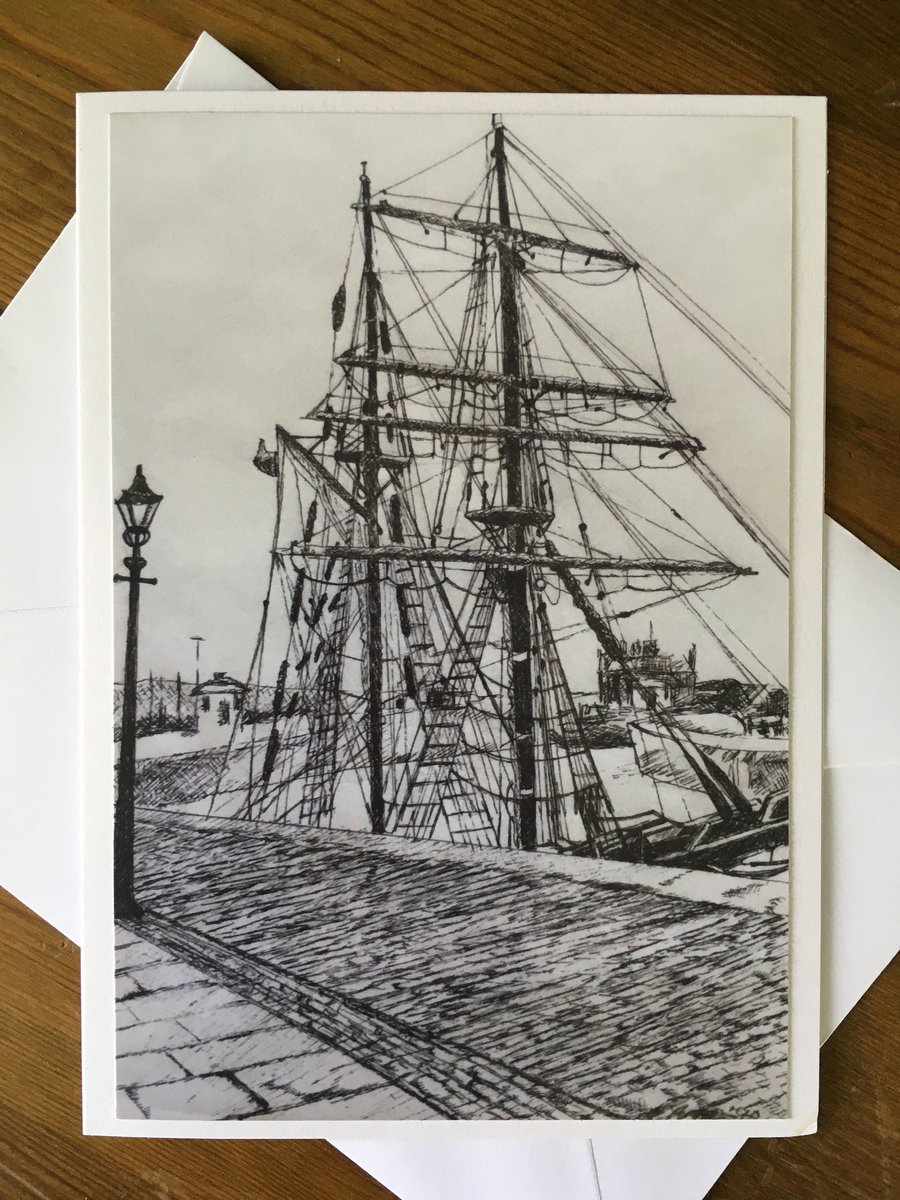 Tall Ship In Albert Dock, Liverpool - Art Greetings Card - Blank inside