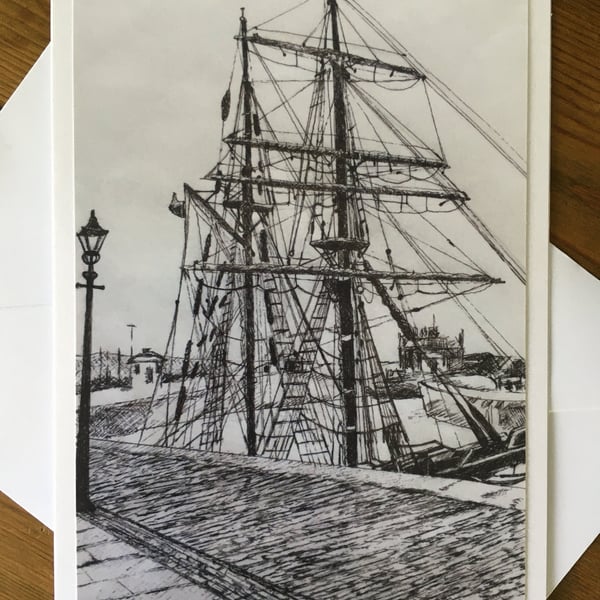 Tall Ship In Albert Dock, Liverpool - Art Greetings Card - Blank inside
