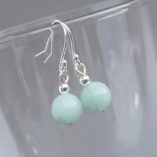 Simple Mint Green Jade Drop Earrings - Aqua Coloured Ball Dangle Earrings