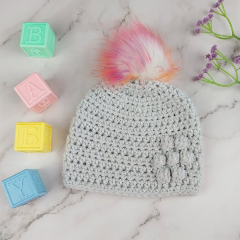Silver Grey Crochet Baby Hat, Newborn Pom Pom Beanie, 0–3 Months 