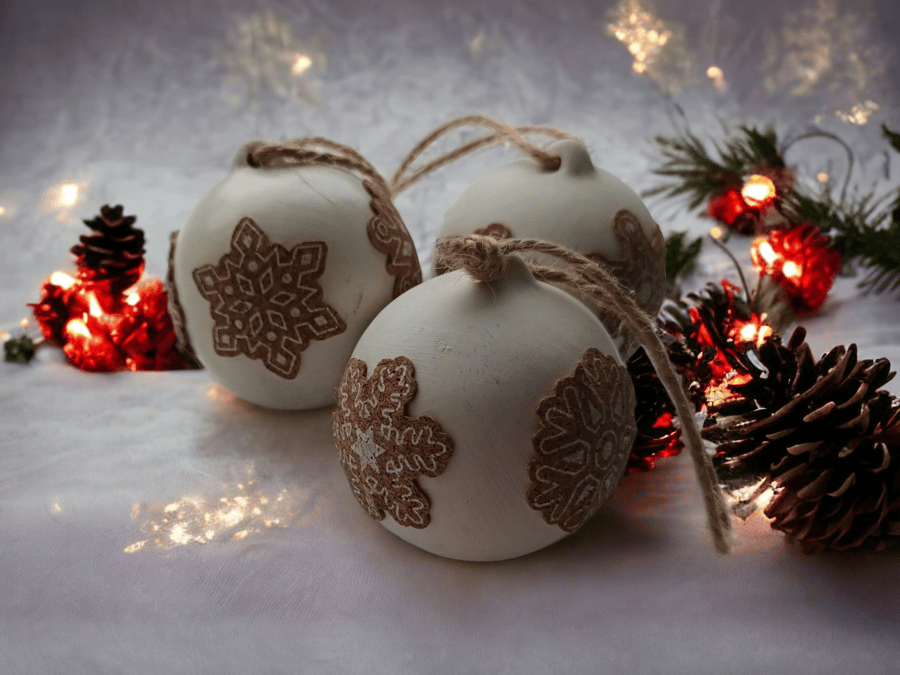 Snowflake Ceramic & Cork Bauble, Hanging Christmas Ornament