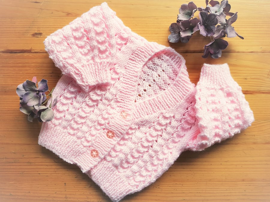 Hand Knitted Baby Pink Cardigan 16"