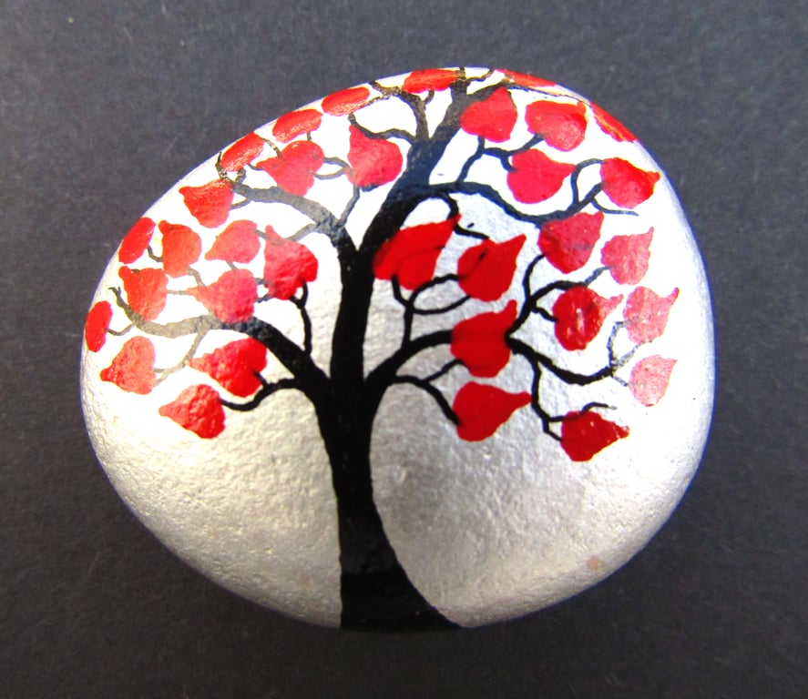 Painted Pebble, Tree of Hearts, Stone Art Painting, Unique Love Gift, Small Rock