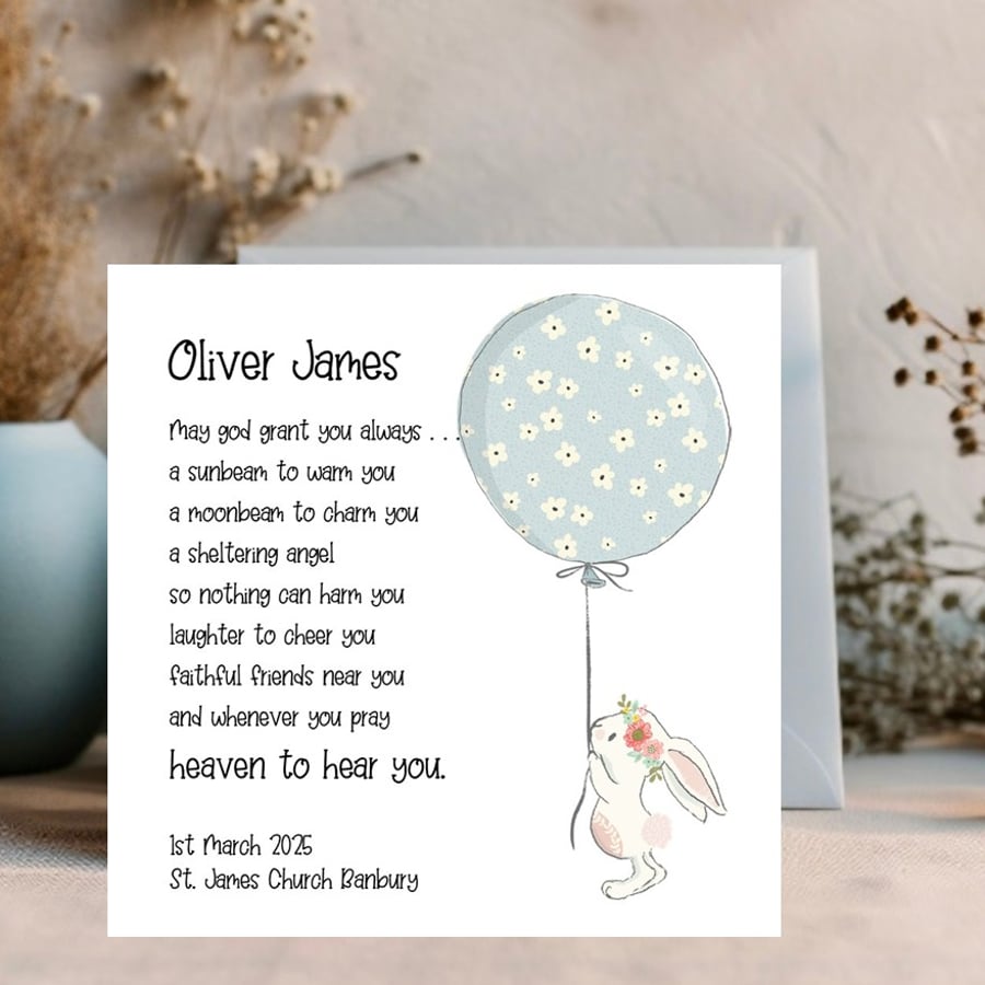 Personalised Christening-Baptism - Watercolour Bunny and balloon
