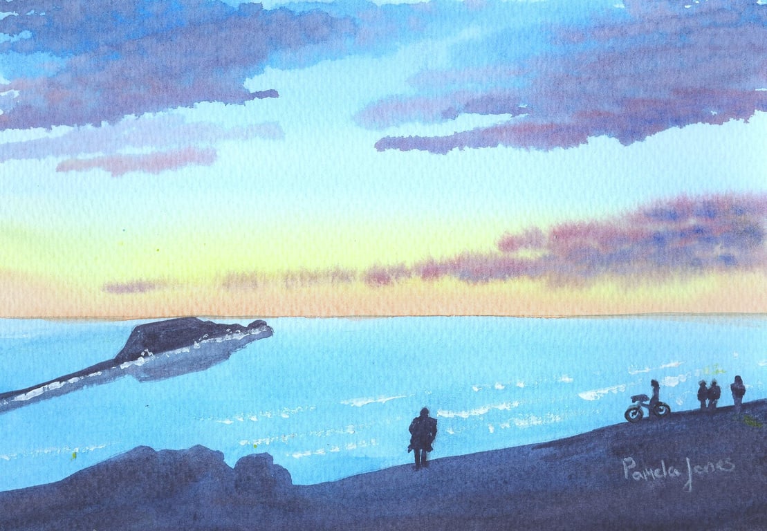 Watching The Sunset, Rhossili Bay, Original Watercolour, in 14 x 11 '' Mount
