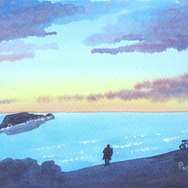 Watching The Sunset, Rhossili Bay, Original Watercolour, in 14 x 11 '' Mount