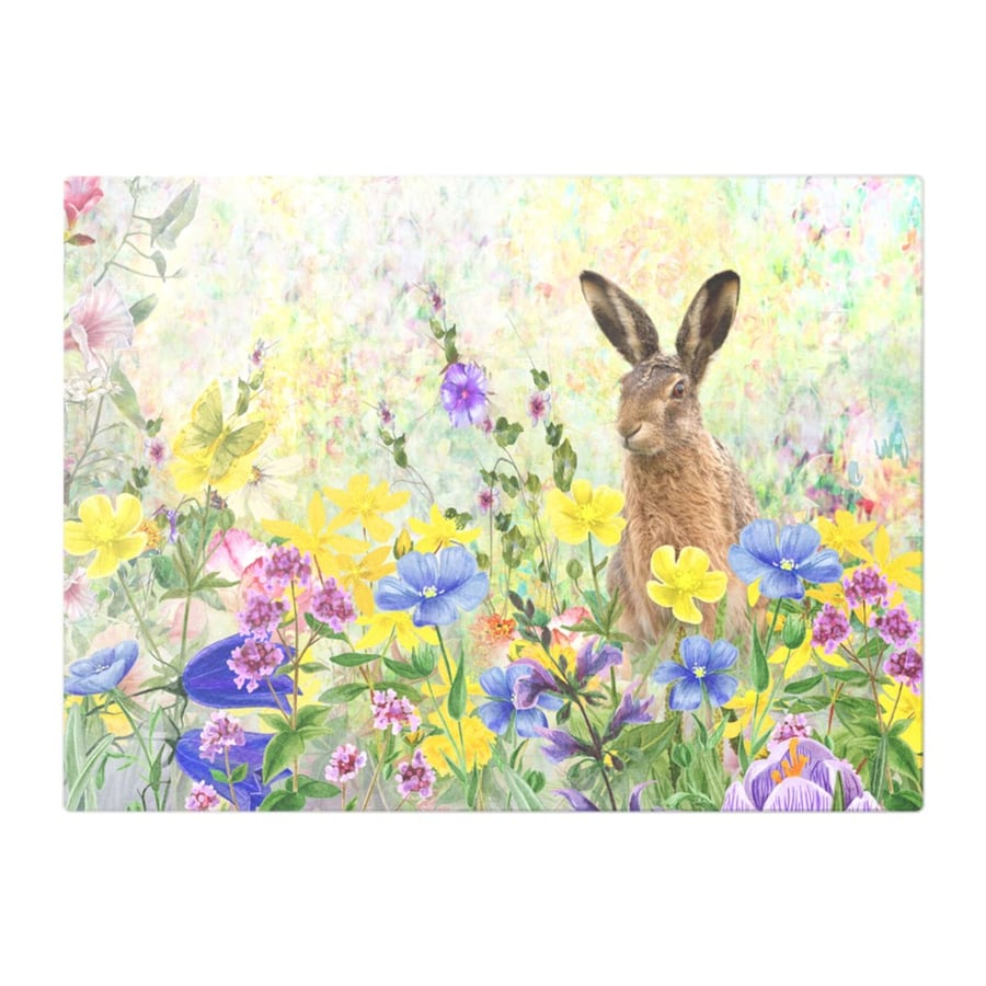 Quizzical Hare and Butterfly Floral Design Glass Chopping Board