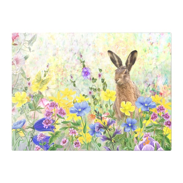 Quizzical Hare and Butterfly Floral Design Glass Chopping Board