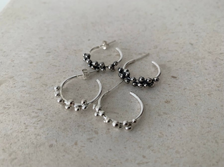 Silver Hoop Earrings - Small Sterling Silver Beaded Granulated Texture