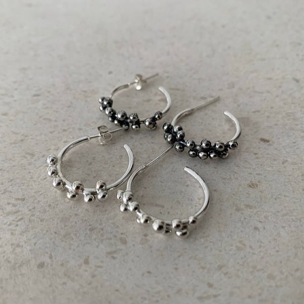Silver Hoop Earrings - Small Sterling Silver Beaded Granulated Texture