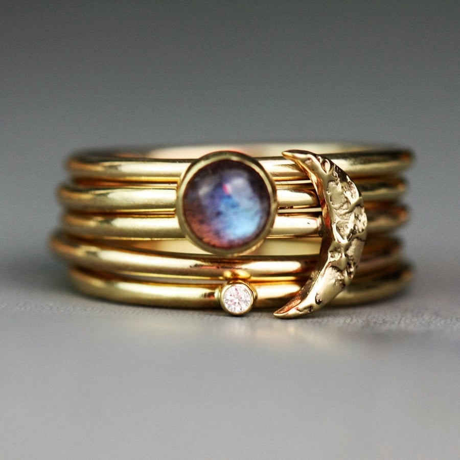 Gold textured Moon stacking rings- Labradorite and diamond gold stacking rings