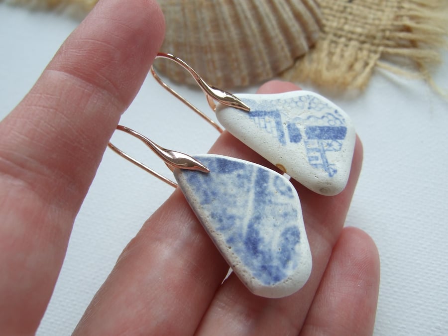 Scottish Sea Pottery Earrings, 18K Rose Gold on Sterling Silver, Blue Willow