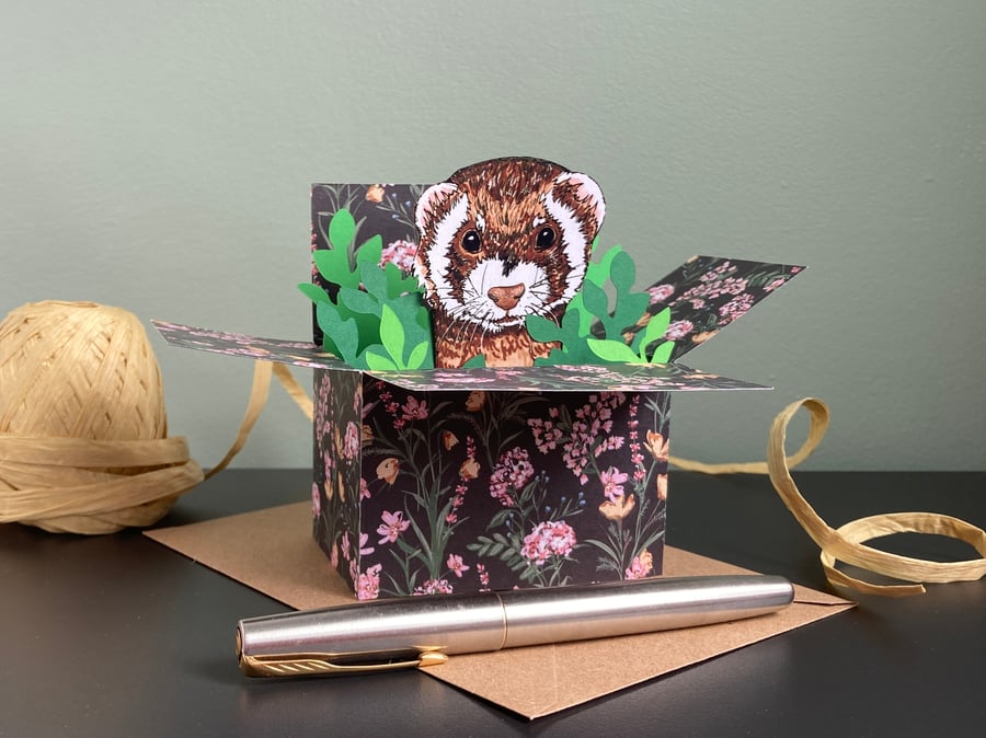 Ferret Birthday Card. Personalised or Blank Gift Card Holder. 3D Box Card.