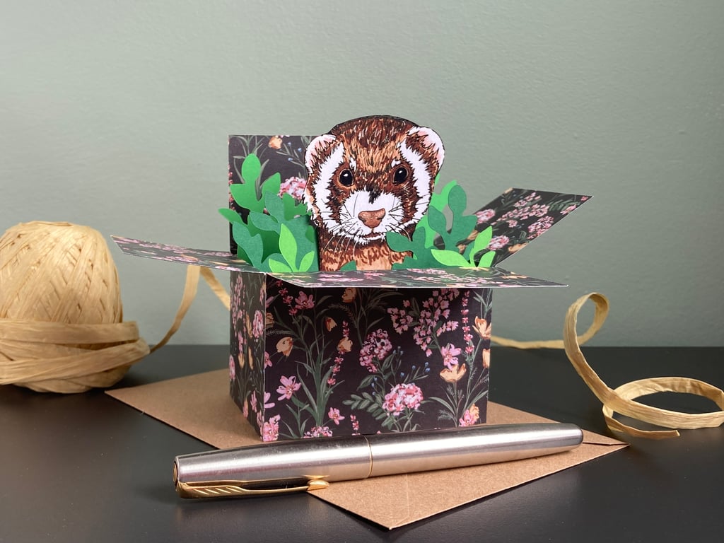 Ferret Birthday Card. Personalised or Blank Gift Card Holder. 3D Box Card.