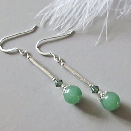 Green Aventurine Earrings With Austrian Crystals & Sterling Silver Tubes