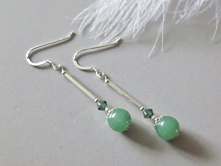 Green Aventurine Earrings With Premium Crystals & Sterling Silver Tubes