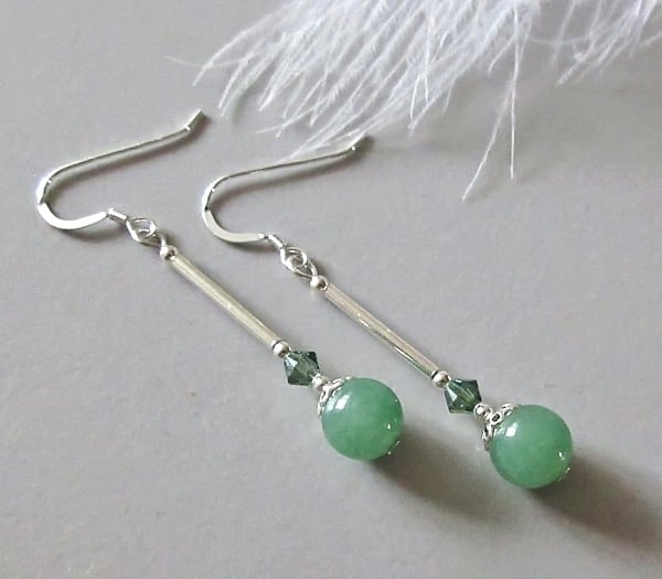 Green Aventurine Earrings With Austrian Crystals & Sterling Silver Tubes