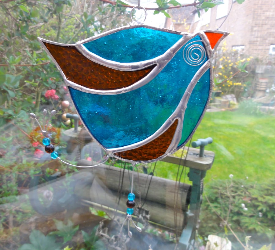 Stained Glass Funky Bird Suncatcher - Blue