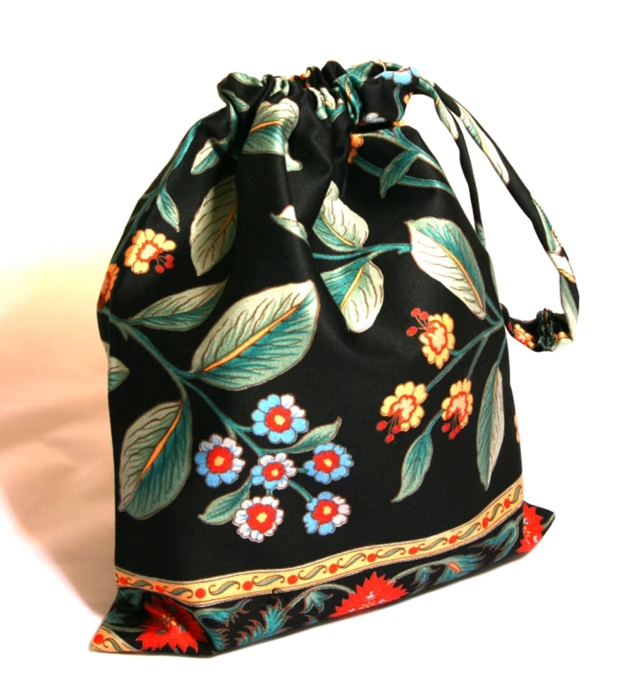 Floral Drawstring Bag, Small knitting or Crochet Bag, Sewing
