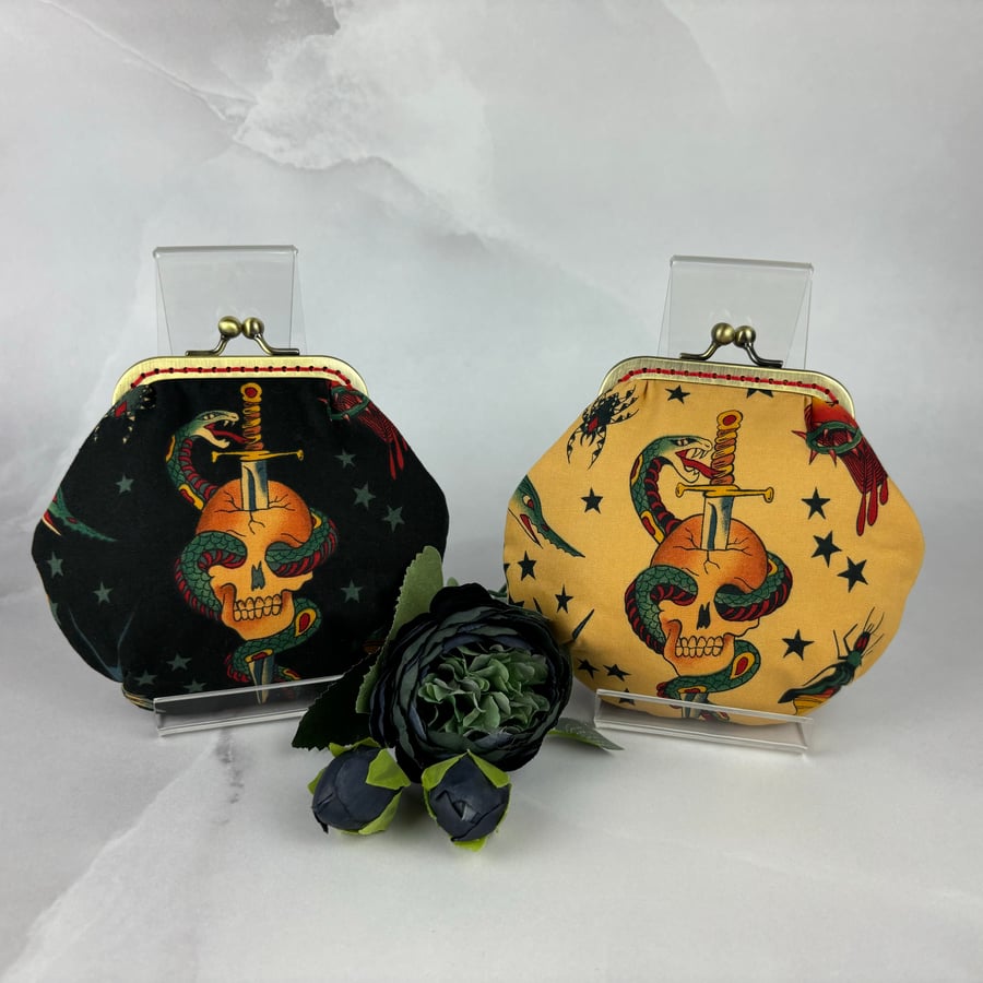 Tattoo coin purse, Frame purse, 2 colour options, Optional chain, Handmade