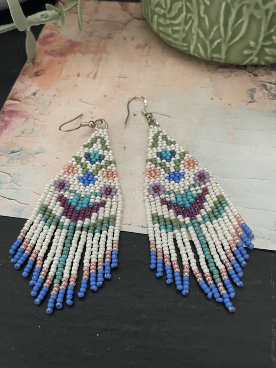 Unique hand beaded Folk Art design floral fringe dangle earrings 