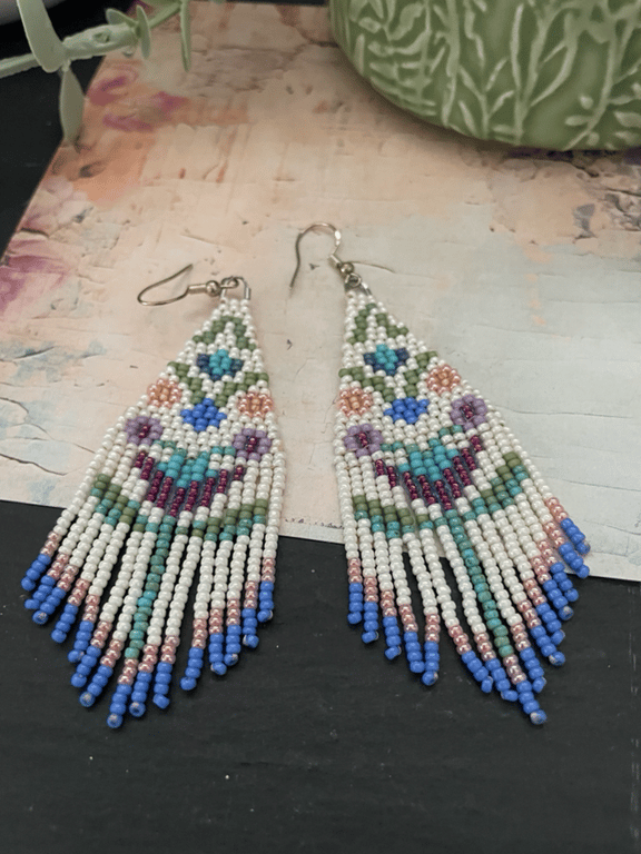 Unique hand beaded Folk Art design floral fringe dangle earrings 