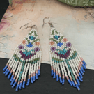 Unique hand beaded Folk Art design floral fringe dangle earrings 