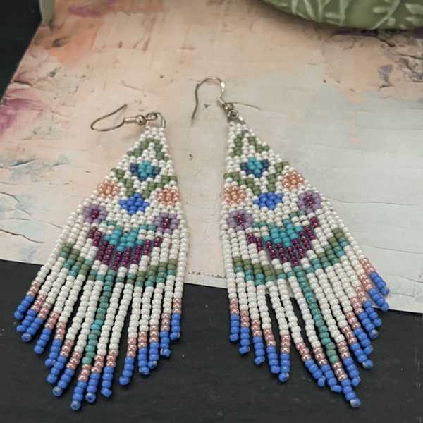 Unique hand beaded Folk Art design floral fringe dangle earrings 