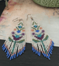 Unique hand beaded Folk Art design floral fringe dangle earrings 