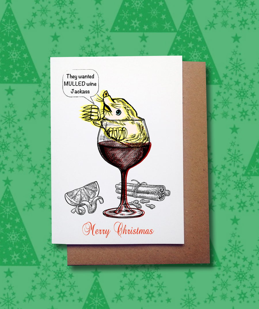 Funny Mole Christmas Greetings Card, Mulled Wine, animal