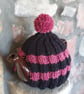 Small Tea Cosy for 2 Cup Tea Pot, Black & Pink, Hand Knitted, Wool Mix Yarn - Image 2