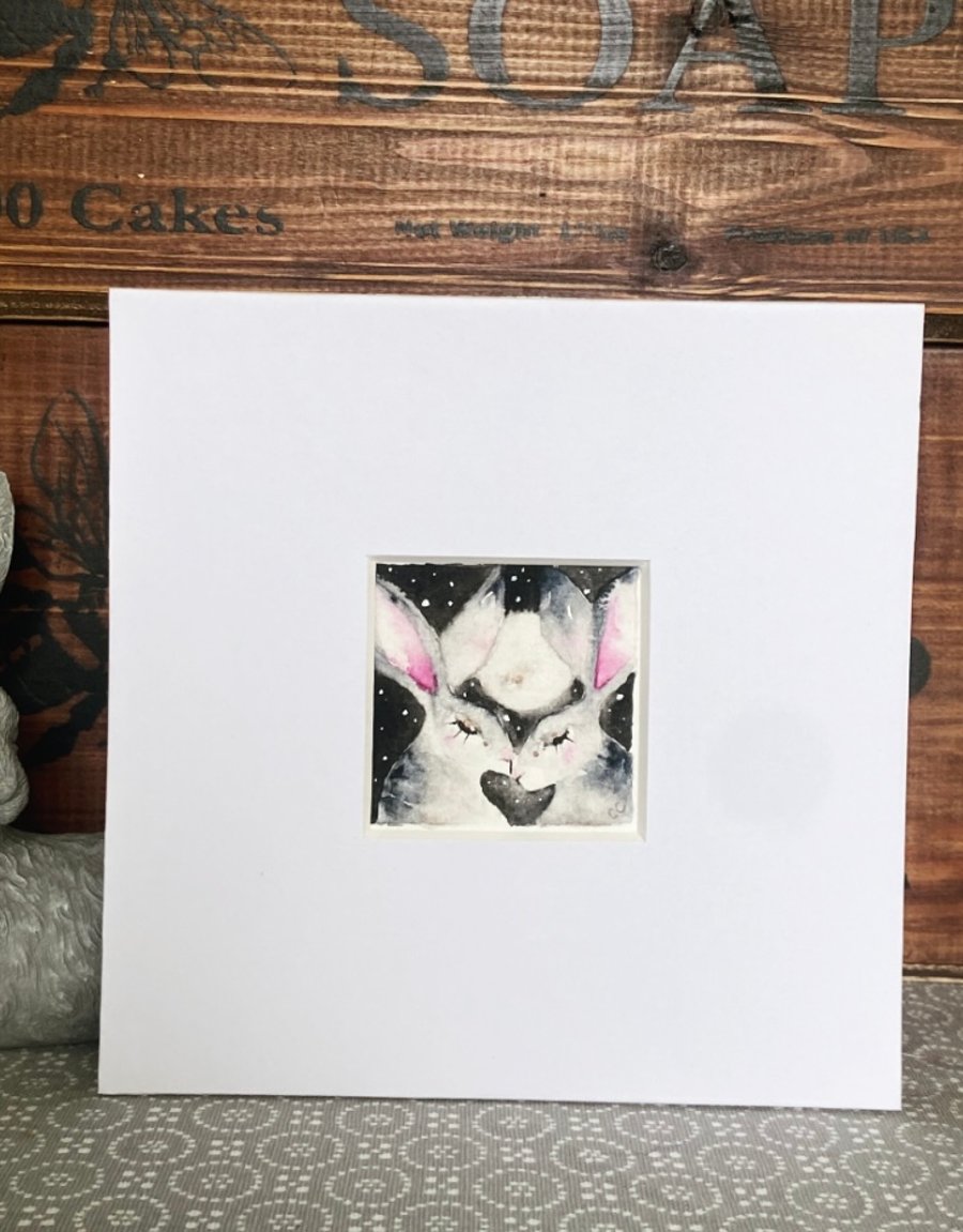 ACEO Original Kissing Hares Rabbits under the Moon Watercolour 