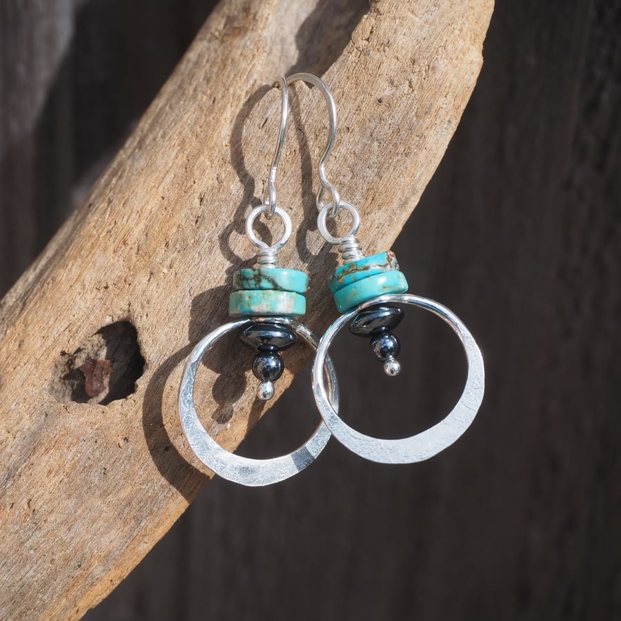 Silver and Turquoise Hoop Earrings with hammered texture and Hematite