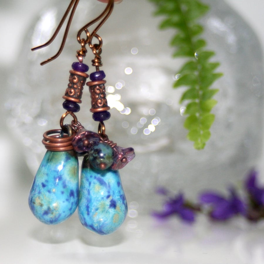 Blue and copper ceramic drop earrings