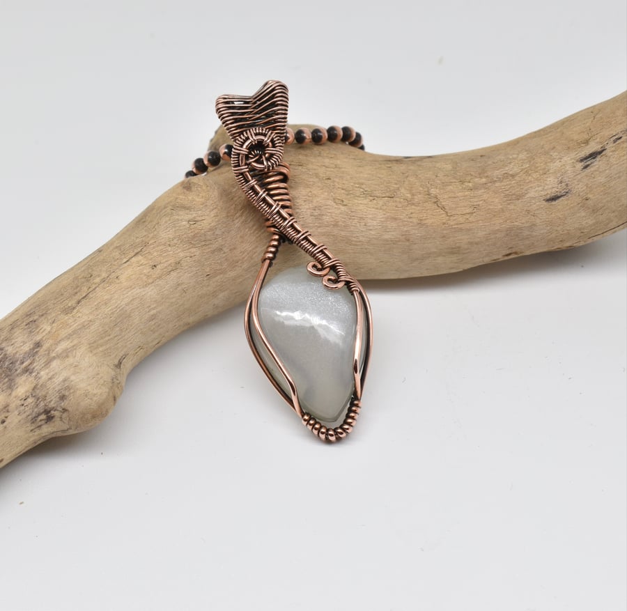 Wire Wrapped Dainty Grey Moonstone and Copper Pendant
