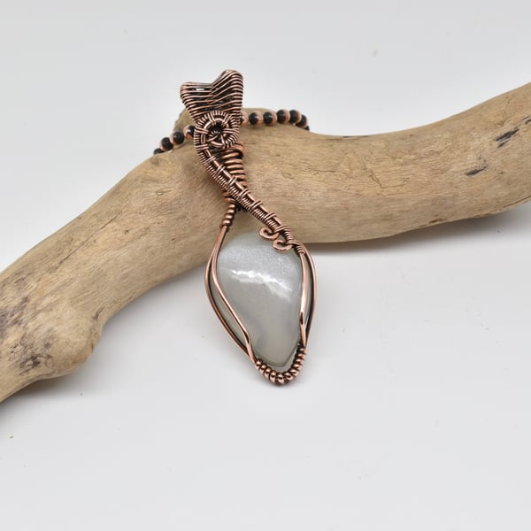 Wire Wrapped Dainty Grey Moonstone and Copper Pendant
