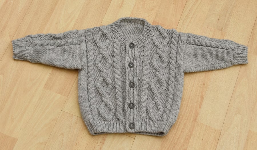 pale grey cardigan in a cable style to fit approx age 1 to 2 handknitted