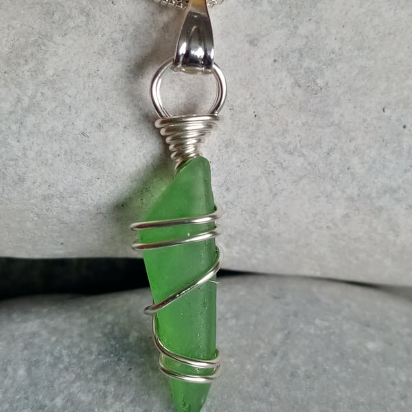 Wire-wrapped Sea glass pendant on a silver plated snake chain 