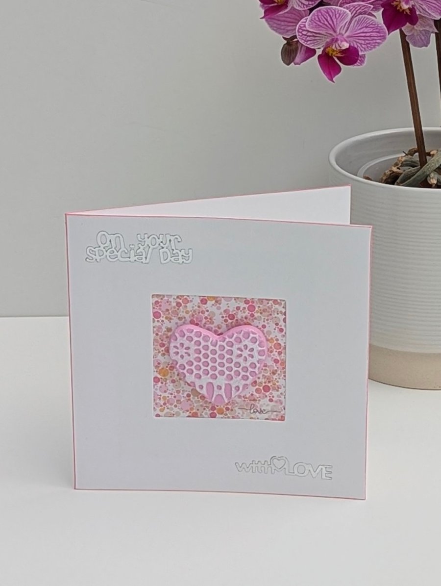 Handmade birthday card with detachable clay heart keepsake fridge magnet 
