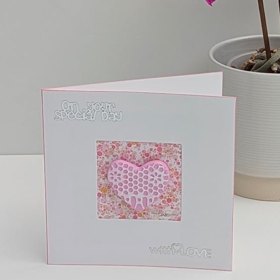 Handmade birthday card with detachable clay heart keepsake fridge magnet 