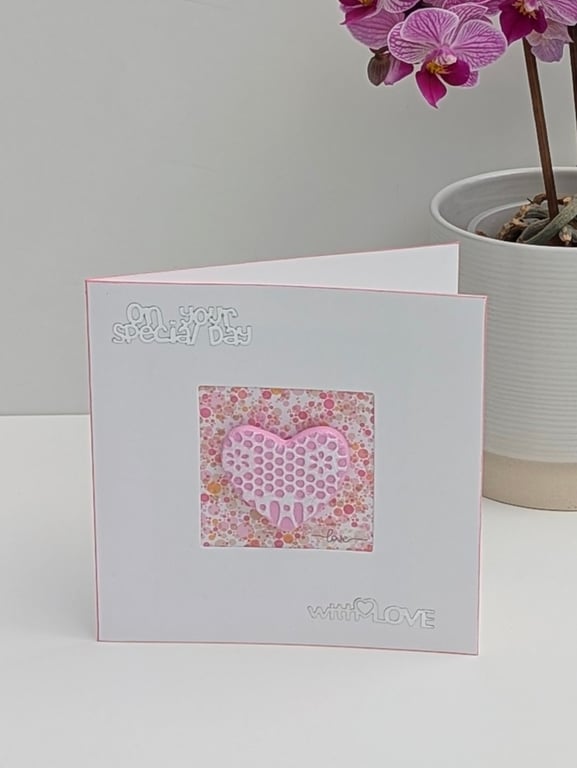 Handmade birthday card with detachable clay heart keepsake fridge magnet 